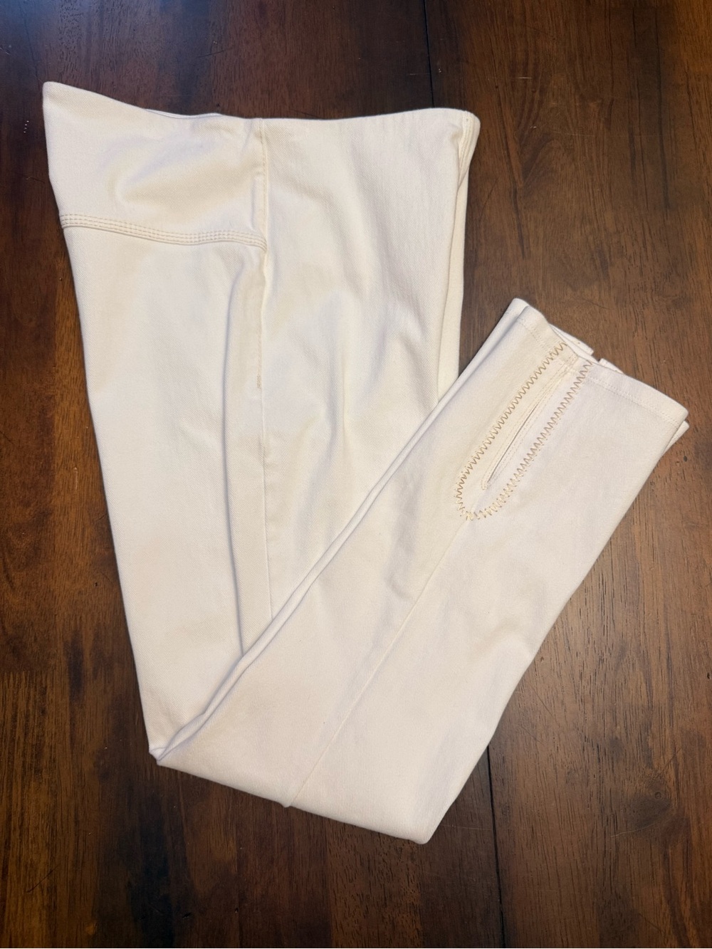 Lyssé White High-Waisted Ankle Slit Pants with Tan Embroidery